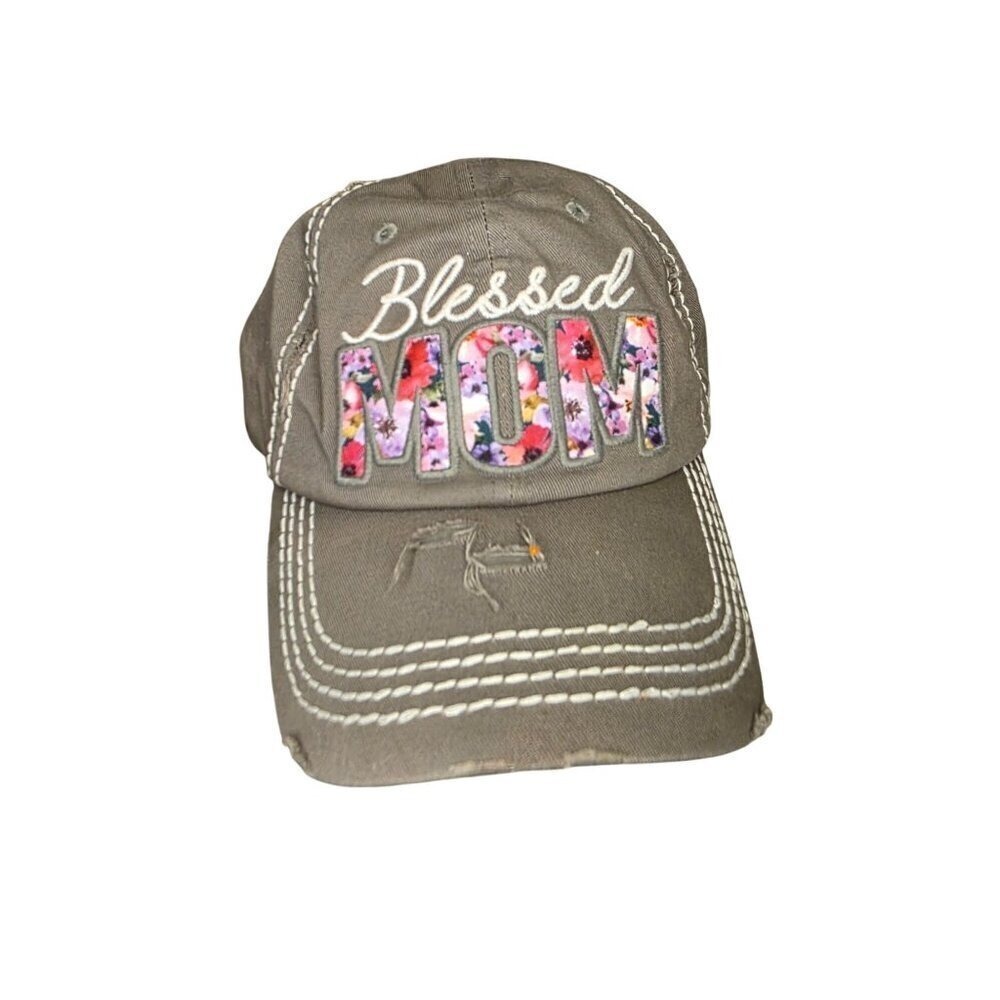 Blessed Mom Distressed Baseball‎ Cap With Floral Lettering & Adjustable Strap By